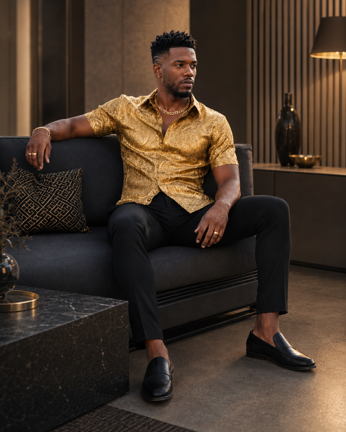 Rich and Rich Gold Baroque Men's Short Sleeved Shirt
