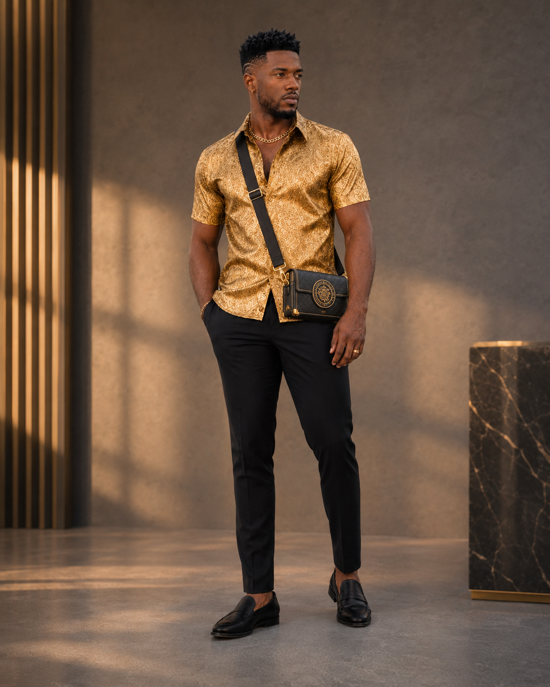 Rich and Rich Gold Baroque Men's Short Sleeved Shirt