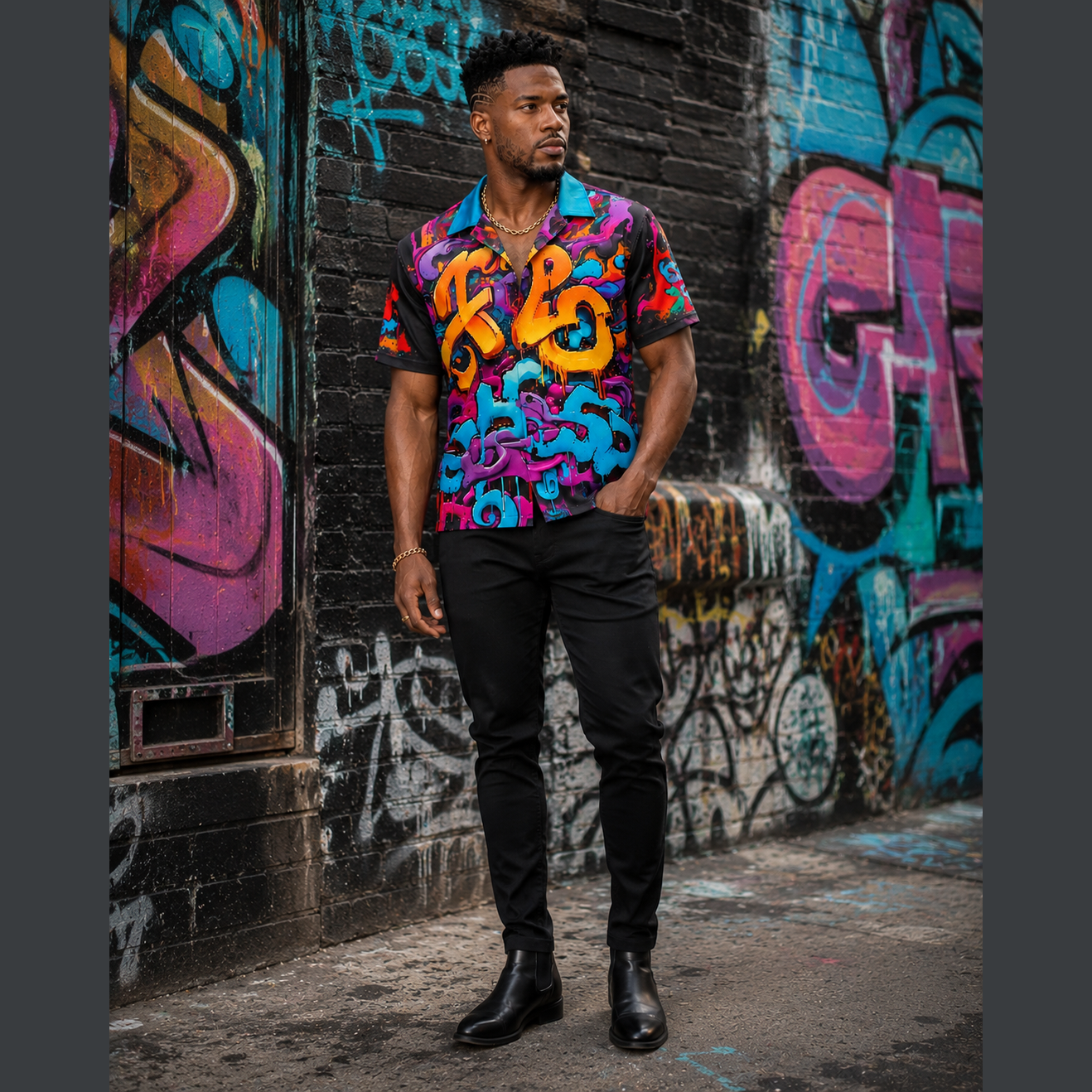 Black-and-white graffiti street-art print men's shirt with a slim streetwear silhouette and bold lines — alternate view