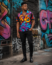 Load image into Gallery viewer, Rich and Rich Graffiti Print Men's Short Sleeved Shirt With Blue Lapel - Rich and Rich Homeopportunities
