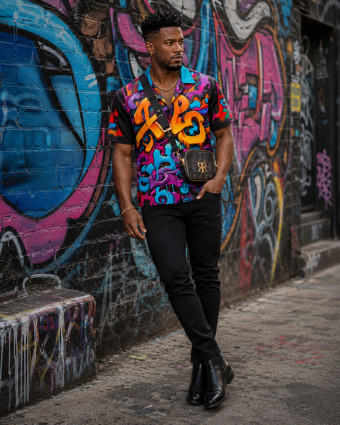 Rich and Rich Graffiti Print Men's Short Sleeved Shirt With Blue Lapel