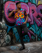 Load image into Gallery viewer, Rich and Rich Graffiti Print Men's Short Sleeved Shirt With Blue Lapel - Rich and Rich Homeopportunities

