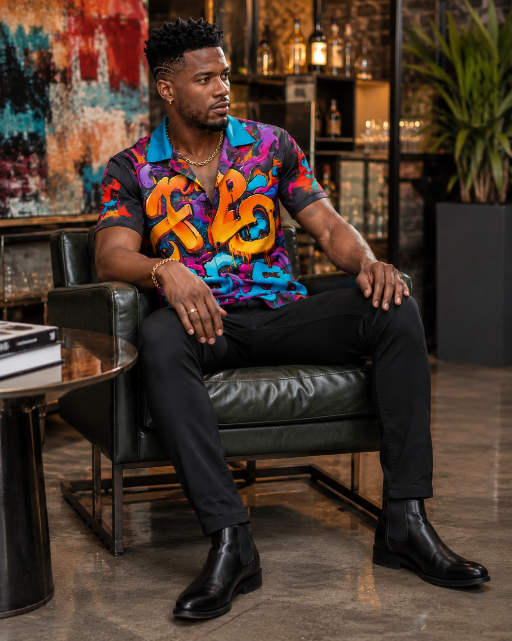 Rich and Rich Graffiti Print Men's Short Sleeved Shirt With Blue Lapel