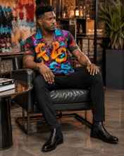 Load image into Gallery viewer, Rich and Rich Graffiti Print Men's Short Sleeved Shirt With Blue Lapel - Rich and Rich Homeopportunities
