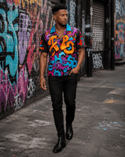 Load image into Gallery viewer, Rich and Rich Graffiti Print Men's Short Sleeved Shirt With Blue Lapel - Rich and Rich Homeopportunities
