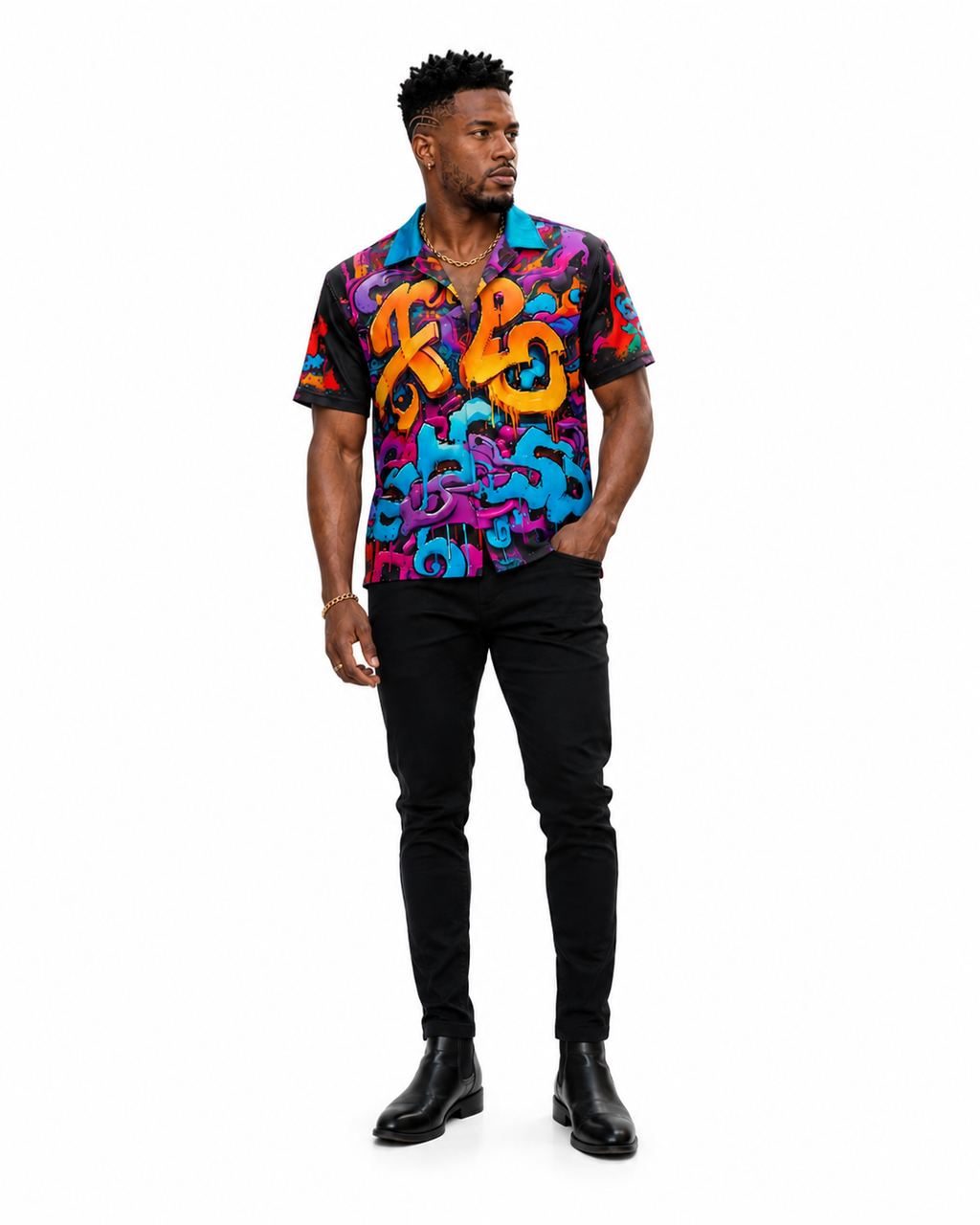 Rich and Rich Graffiti Print Men's Short Sleeved Shirt With Blue Lapel