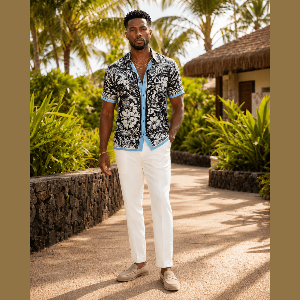 Front view of black and white floral streetwear shirt on model