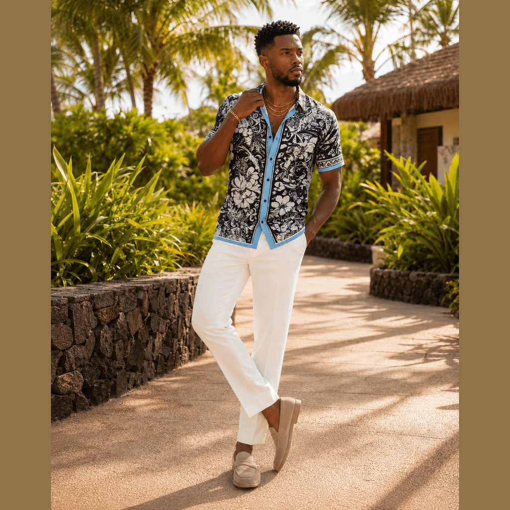 Light blue placket accent on black and white floral button-up