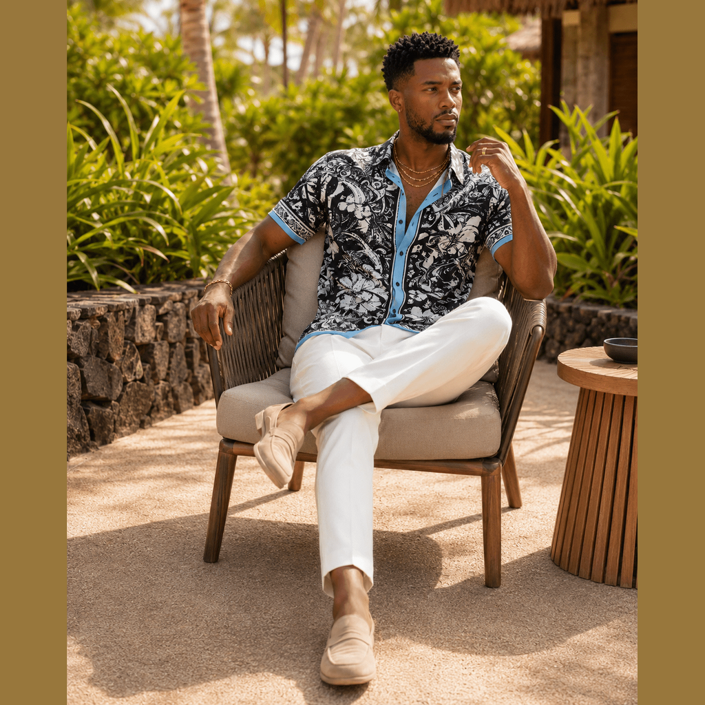 Slim fit botanical print short sleeve shirt styled for summer