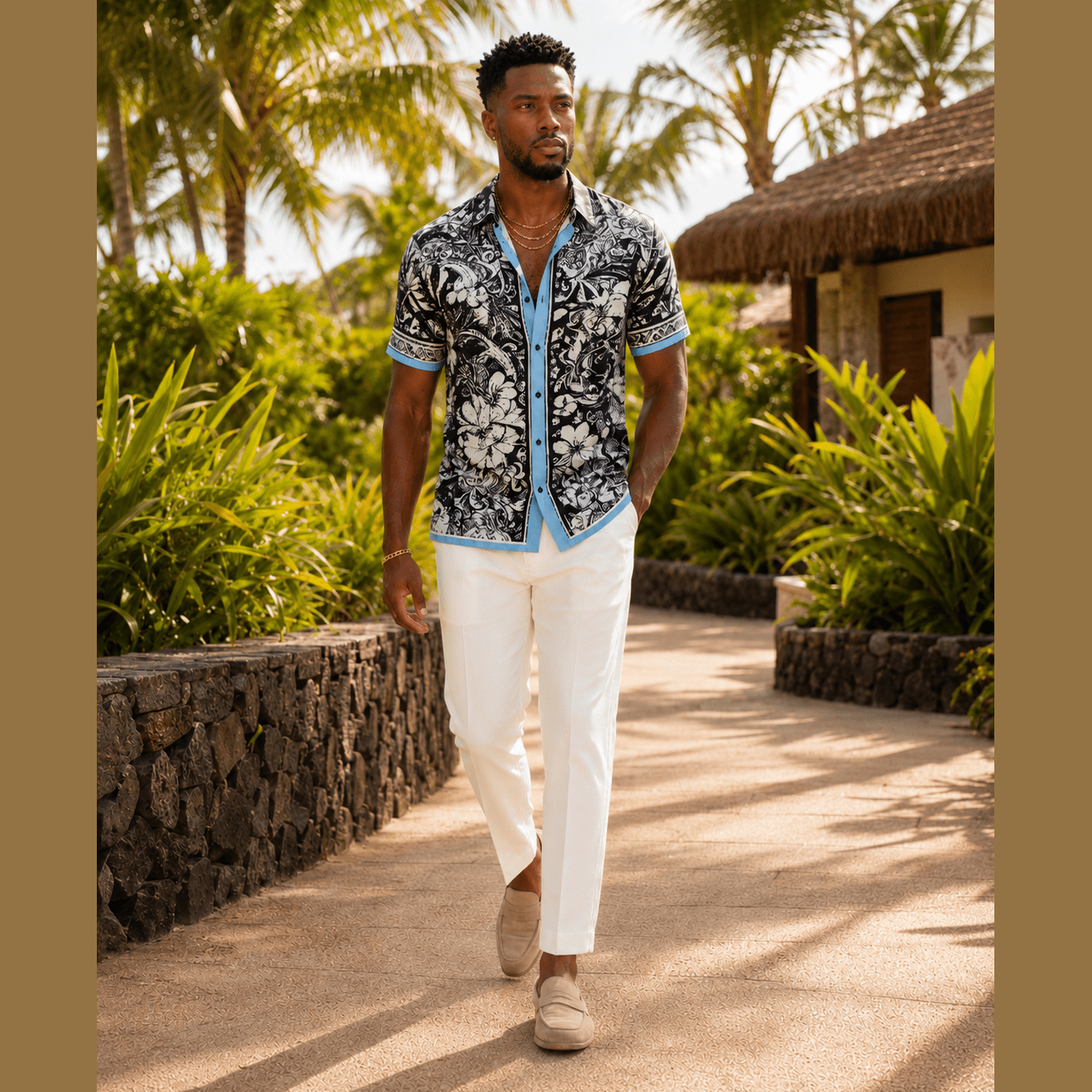 Rich and Rich tropical botanical print men's shirt with light blue trim