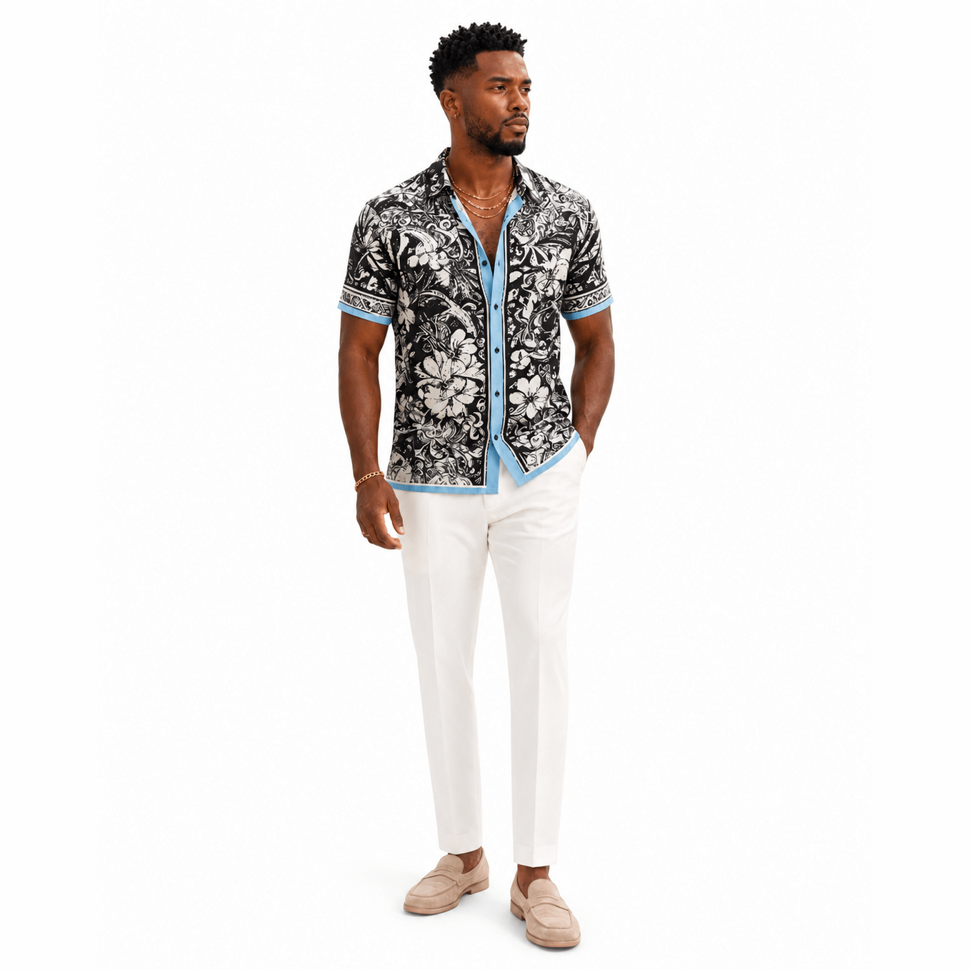 White background studio shot of slim fit botanical shirt fit