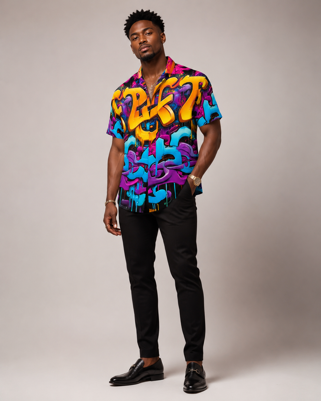 Rich and Rich Graffiti Print Men's Short Sleeved Shirt