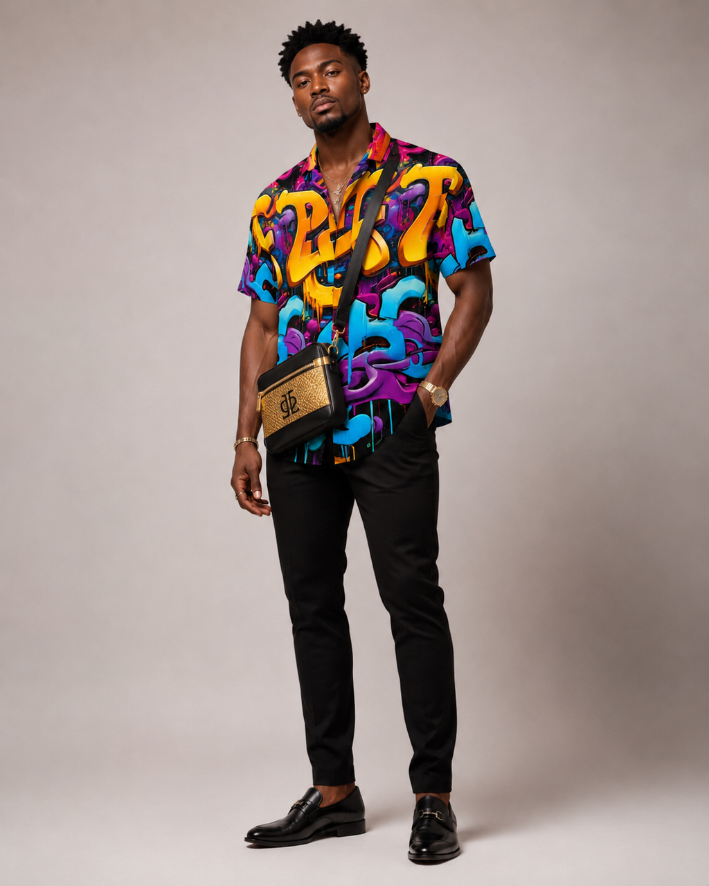 Rich and Rich Graffiti Print Men's Short Sleeved Shirt