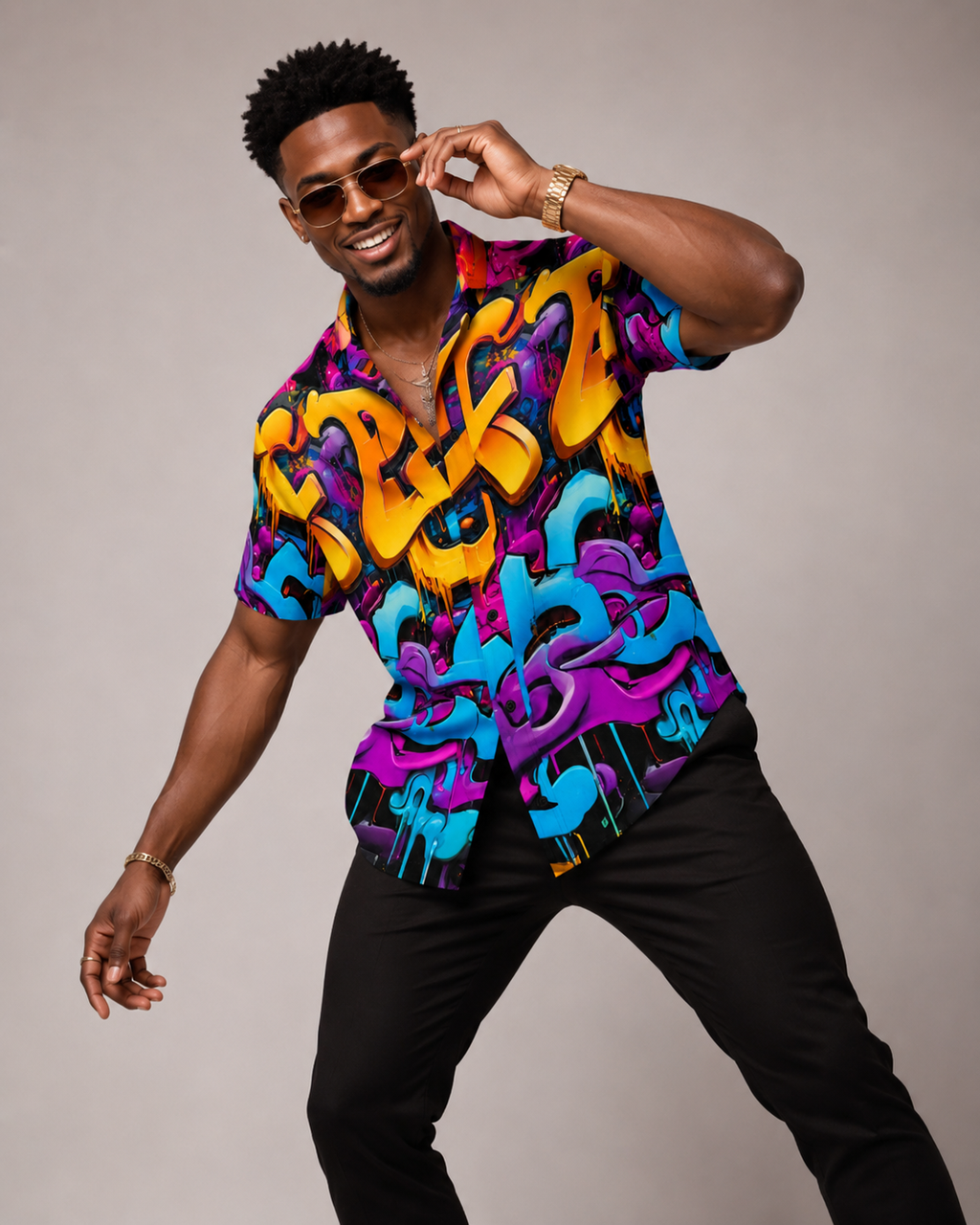 Rich and Rich Graffiti Print Men's Short Sleeved Shirt