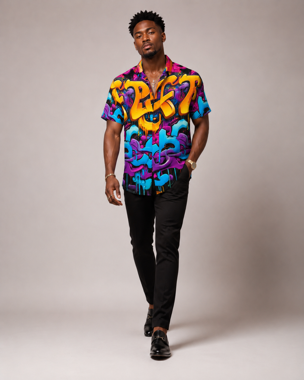 Rich and Rich Graffiti Print Men's Short Sleeved Shirt