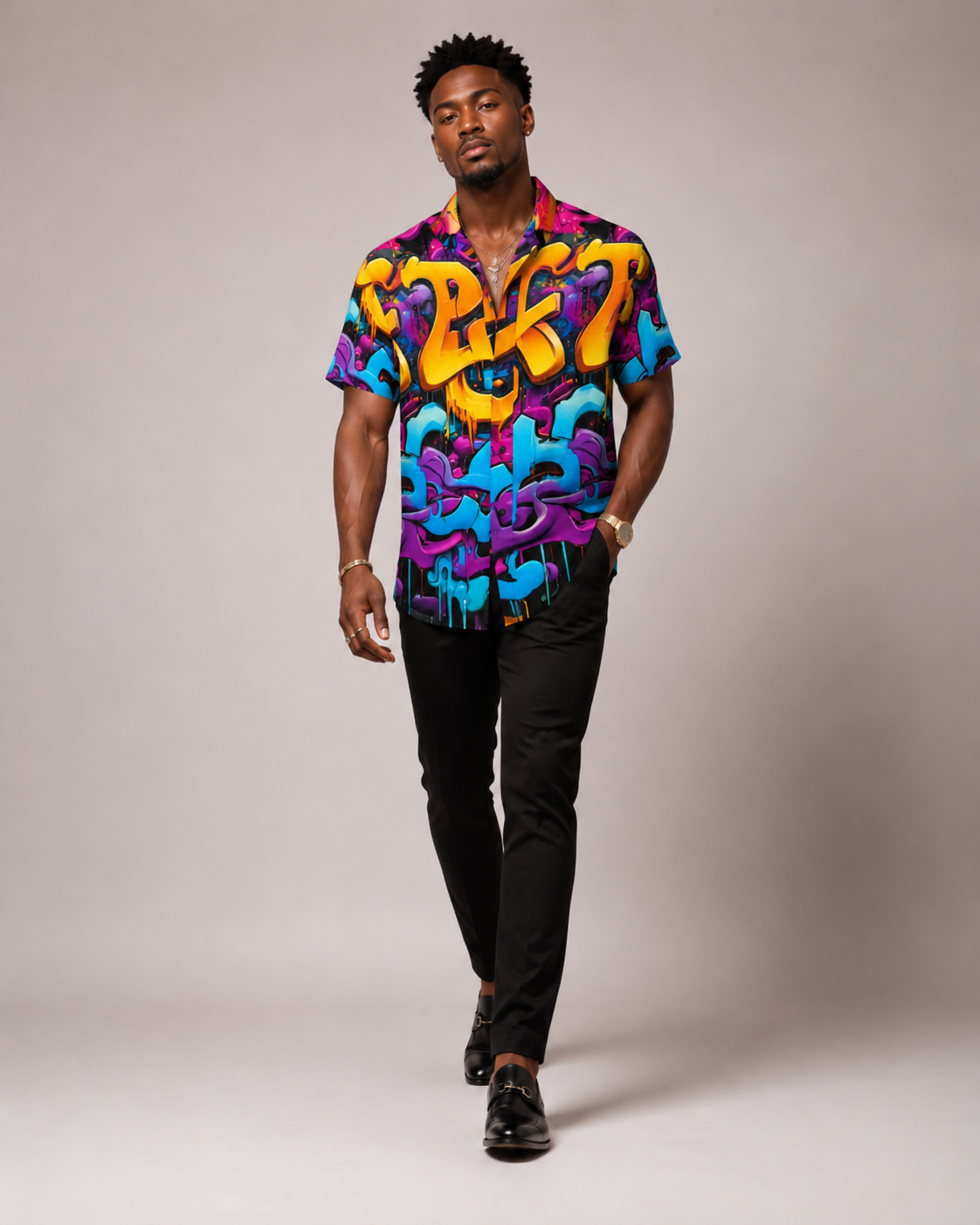 Rich and Rich Graffiti Print Men's Short Sleeved Shirt