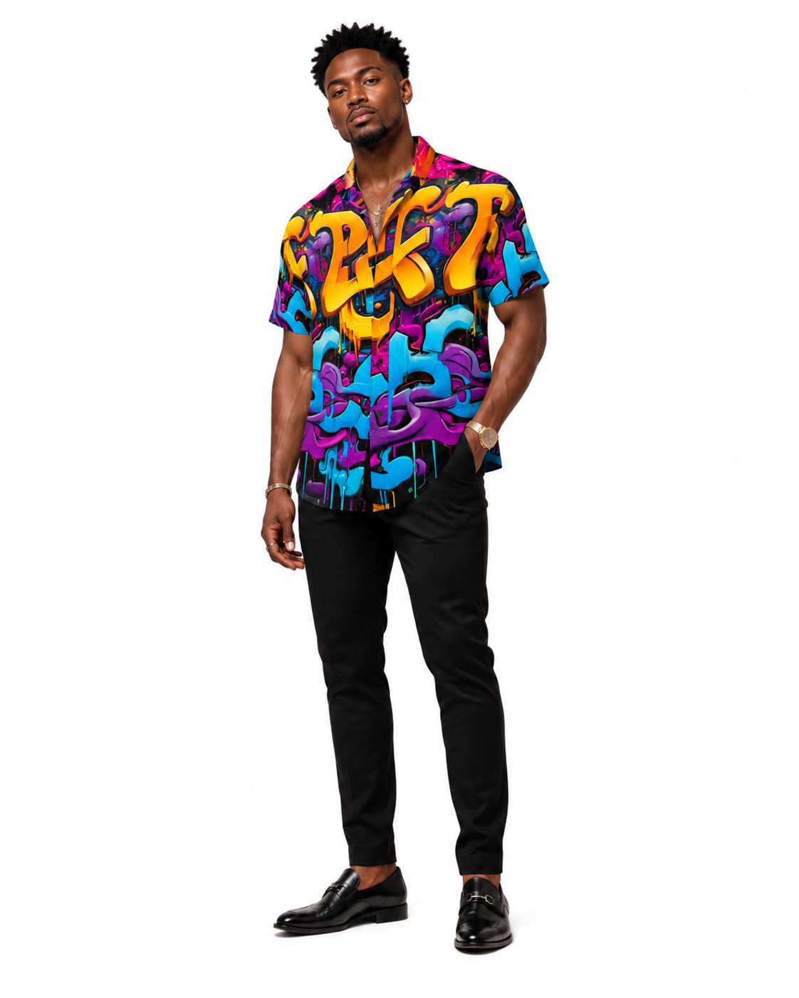 Rich and Rich Graffiti Print Men's Short Sleeved Shirt