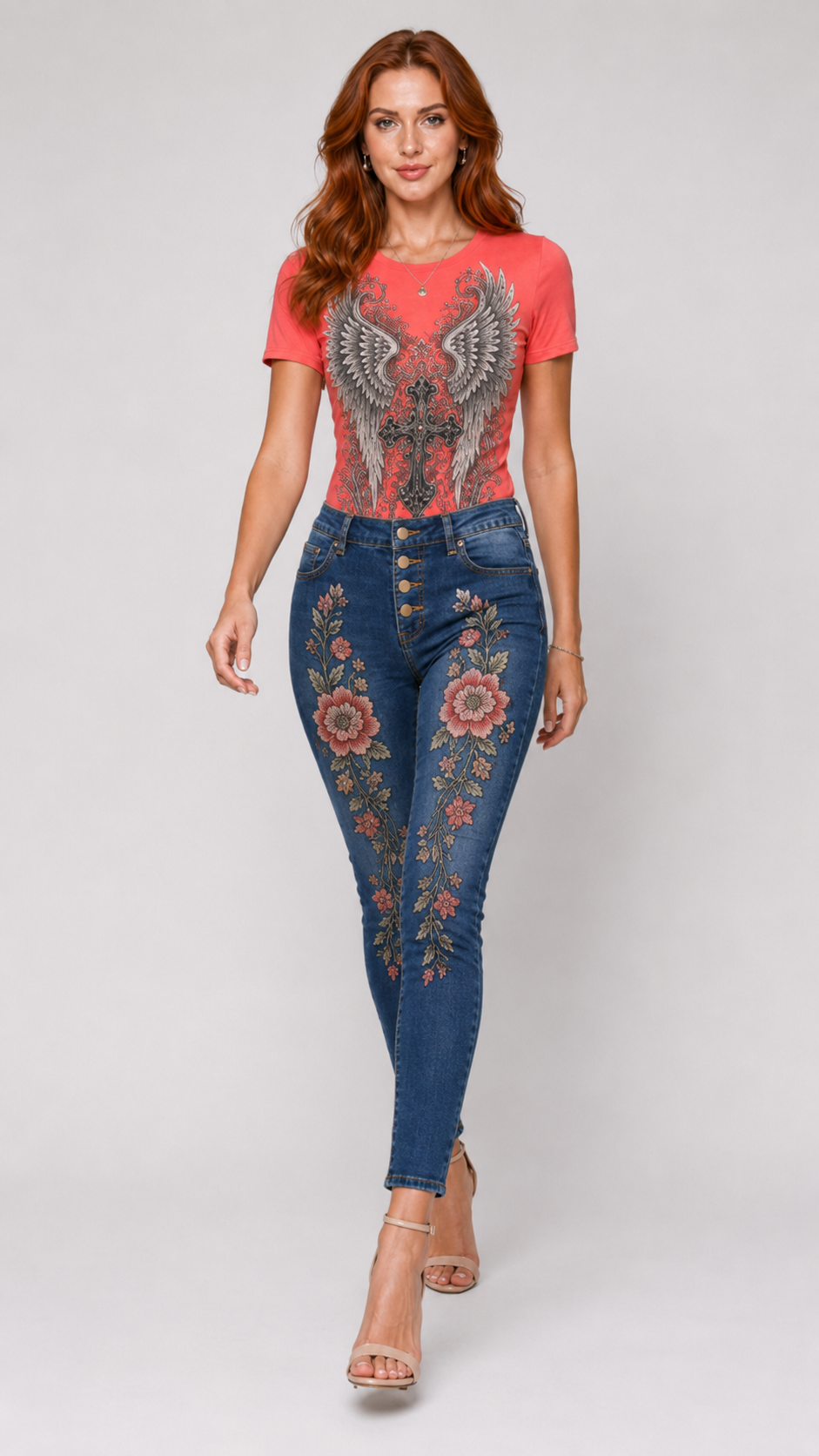 Gothic Wings & Cross Graphic Denim & Tee Set