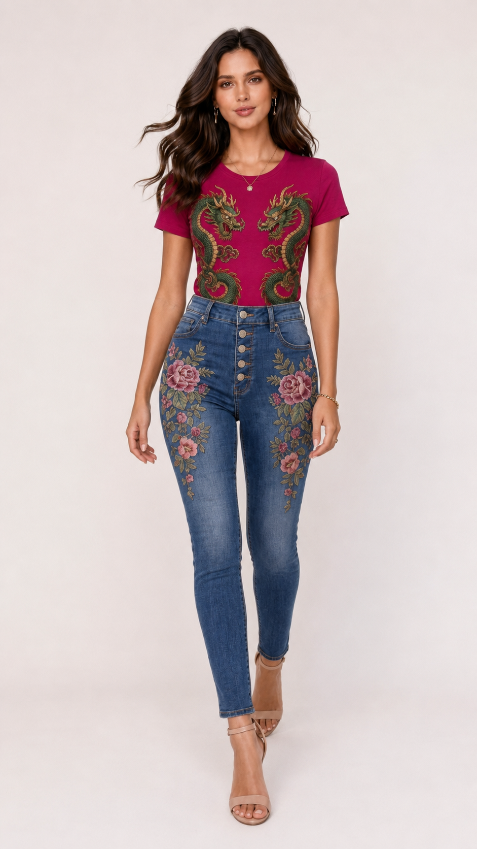Dragon Embroidery Graphic Denim & Tee Set
