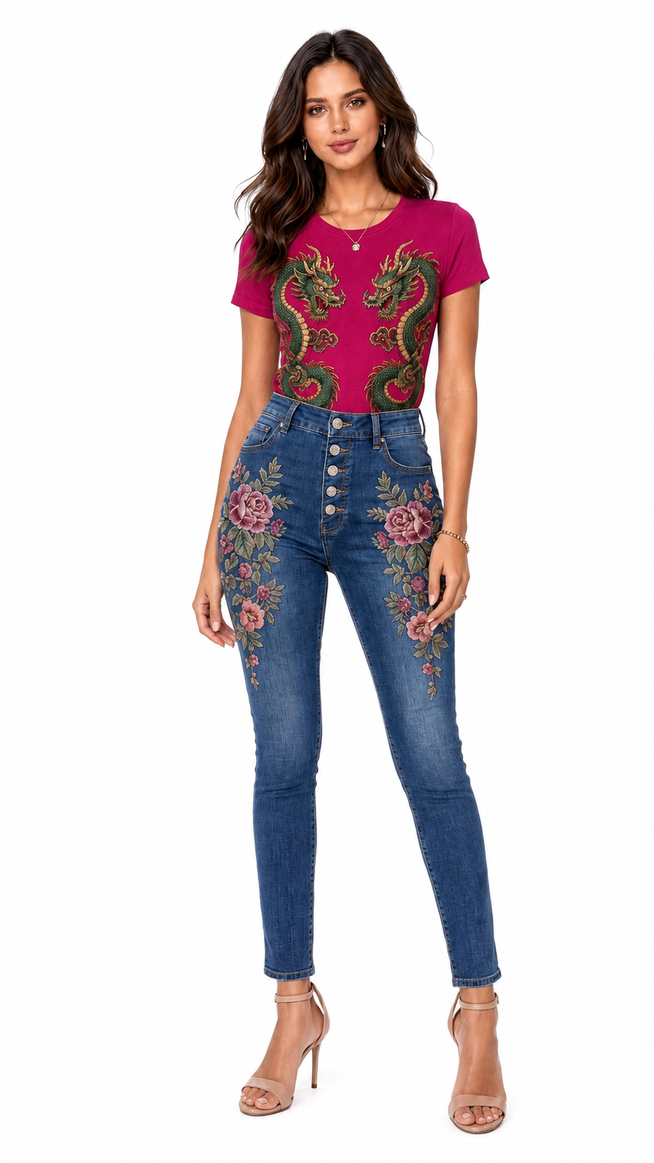 Dragon Embroidery Graphic Denim & Tee Set