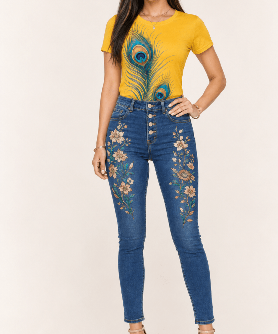 Sunflower yellow tee with peacock feather print paired with embroidered denim jeans — alternate view