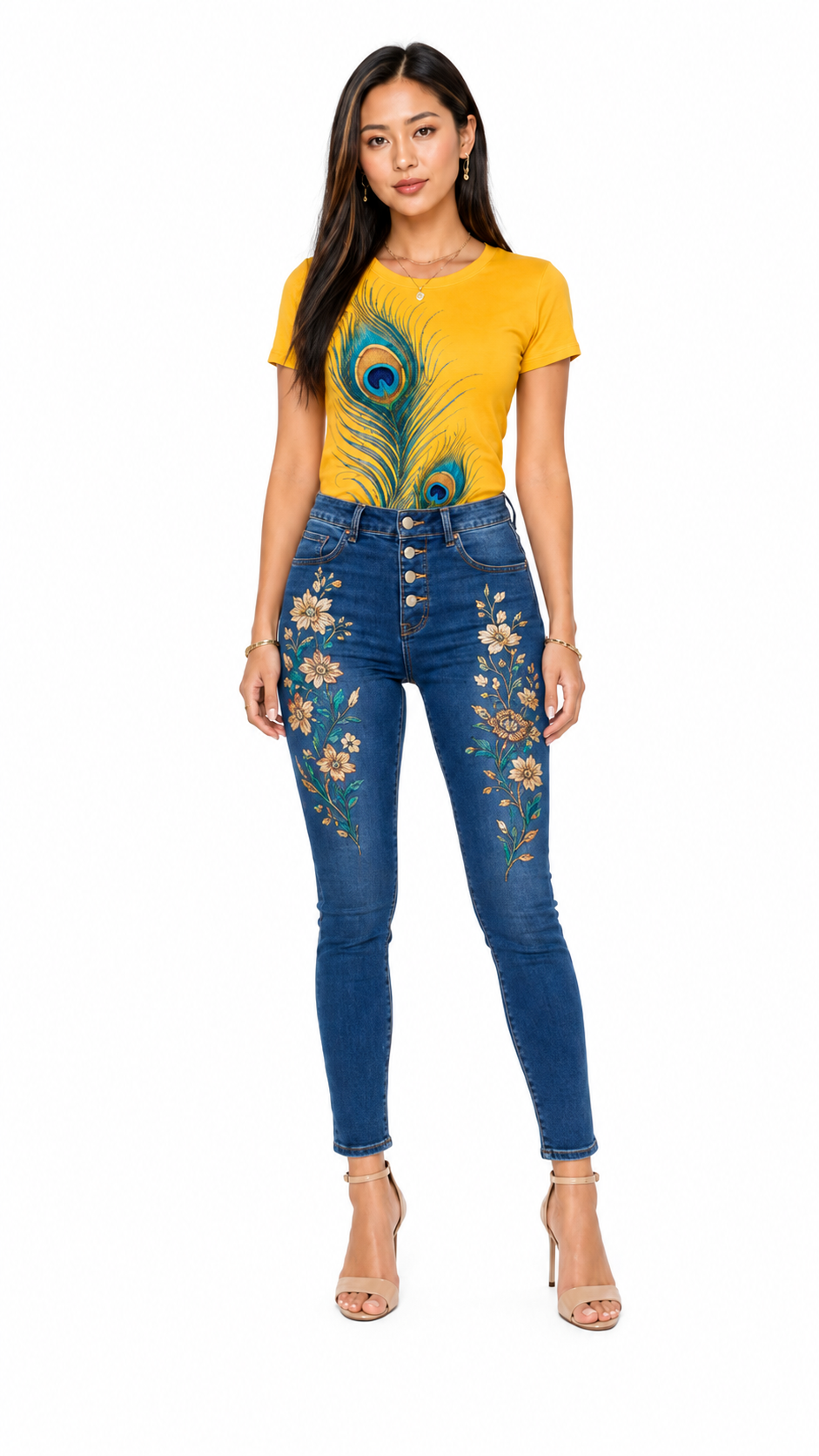 Peacock Feathers Graphic Denim & Tee Set