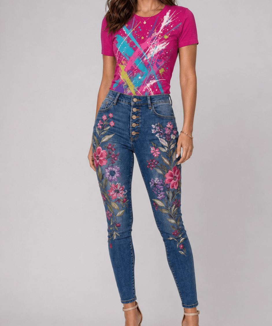 Fuchsia tee with neon paint-splatter graphics paired with embroidered denim jeans — alternate view