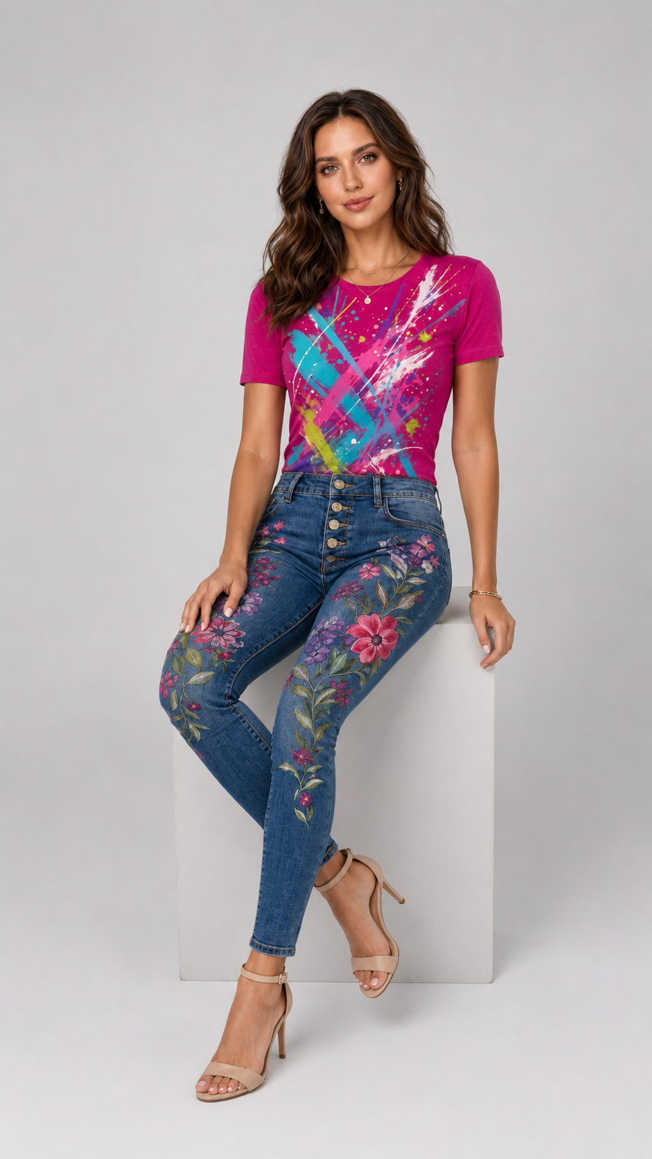 Neon Splatter Abstract Graphic Denim & Tee Set
