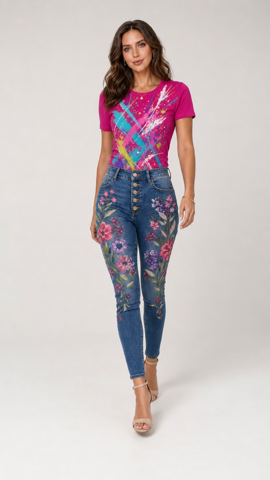 Neon Splatter Abstract Graphic Denim & Tee Set