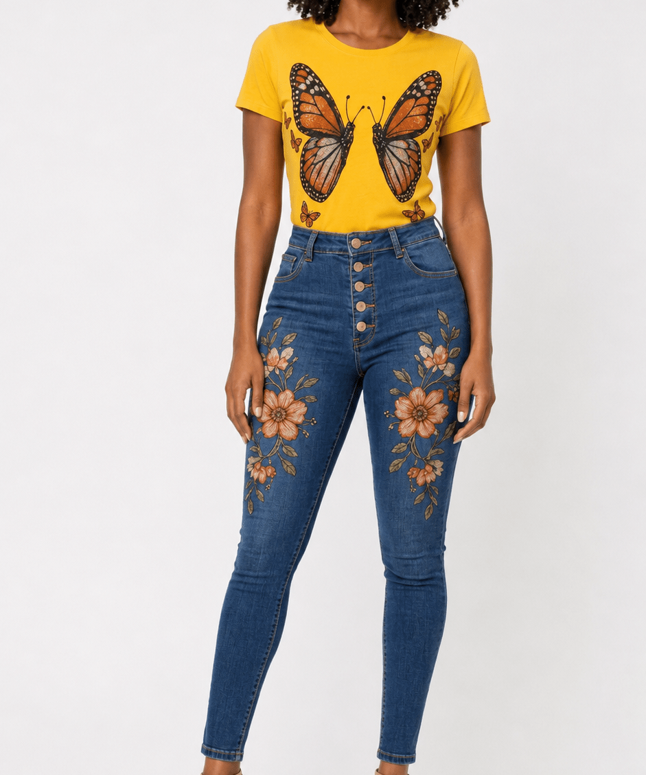 Sunflower yellow tee with monarch butterfly graphic paired with high-waist blue jeans with floral embroidery — alternate view