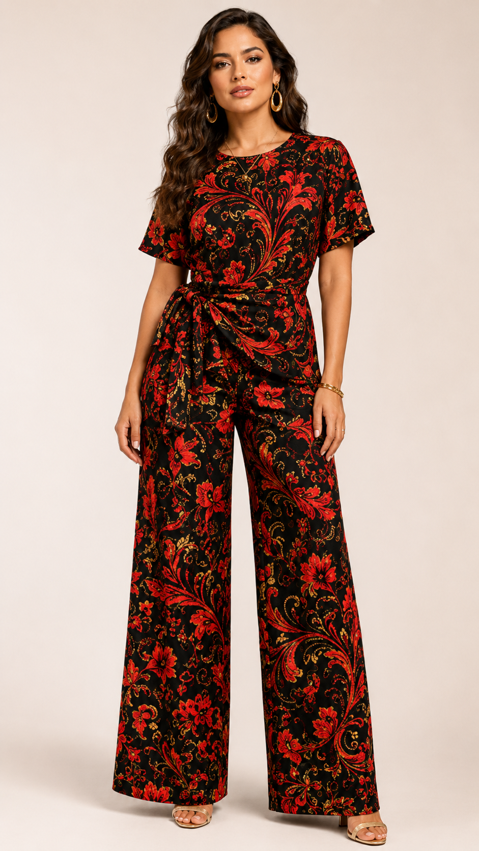Rich & Rich Women's Red Black and Gold Swirl Side-Tie Top & Wide-Leg Pants Set
