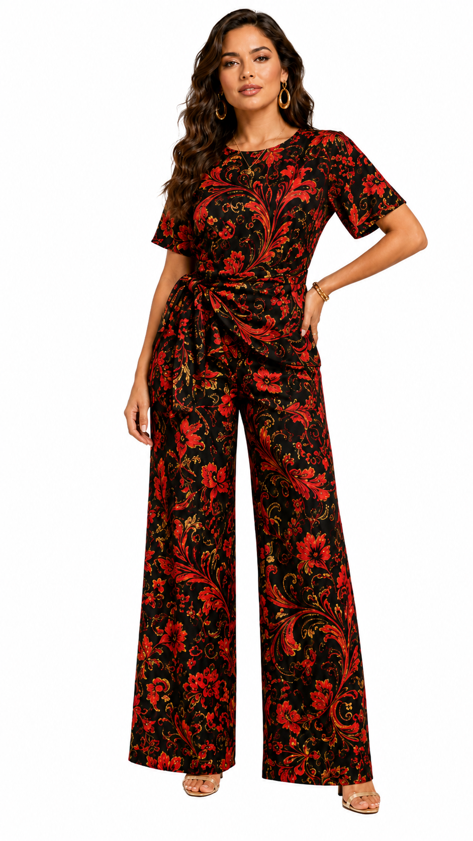 Rich & Rich Women's Red Black and Gold Swirl Side-Tie Top & Wide-Leg Pants Set