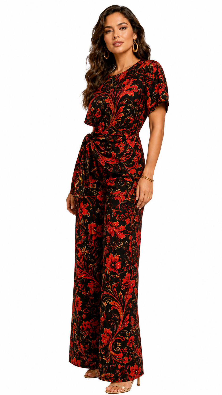 Rich & Rich Women's Red Black and Gold Swirl Side-Tie Top & Wide-Leg Pants Set