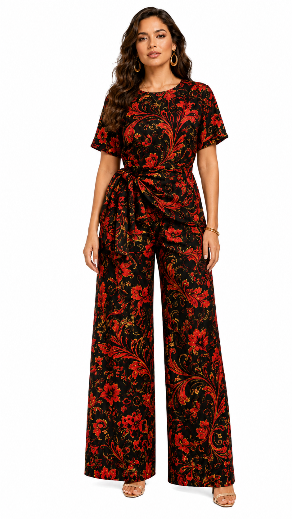 Rich & Rich Women's Red Black and Gold Swirl Side-Tie Top & Wide-Leg Pants Set
