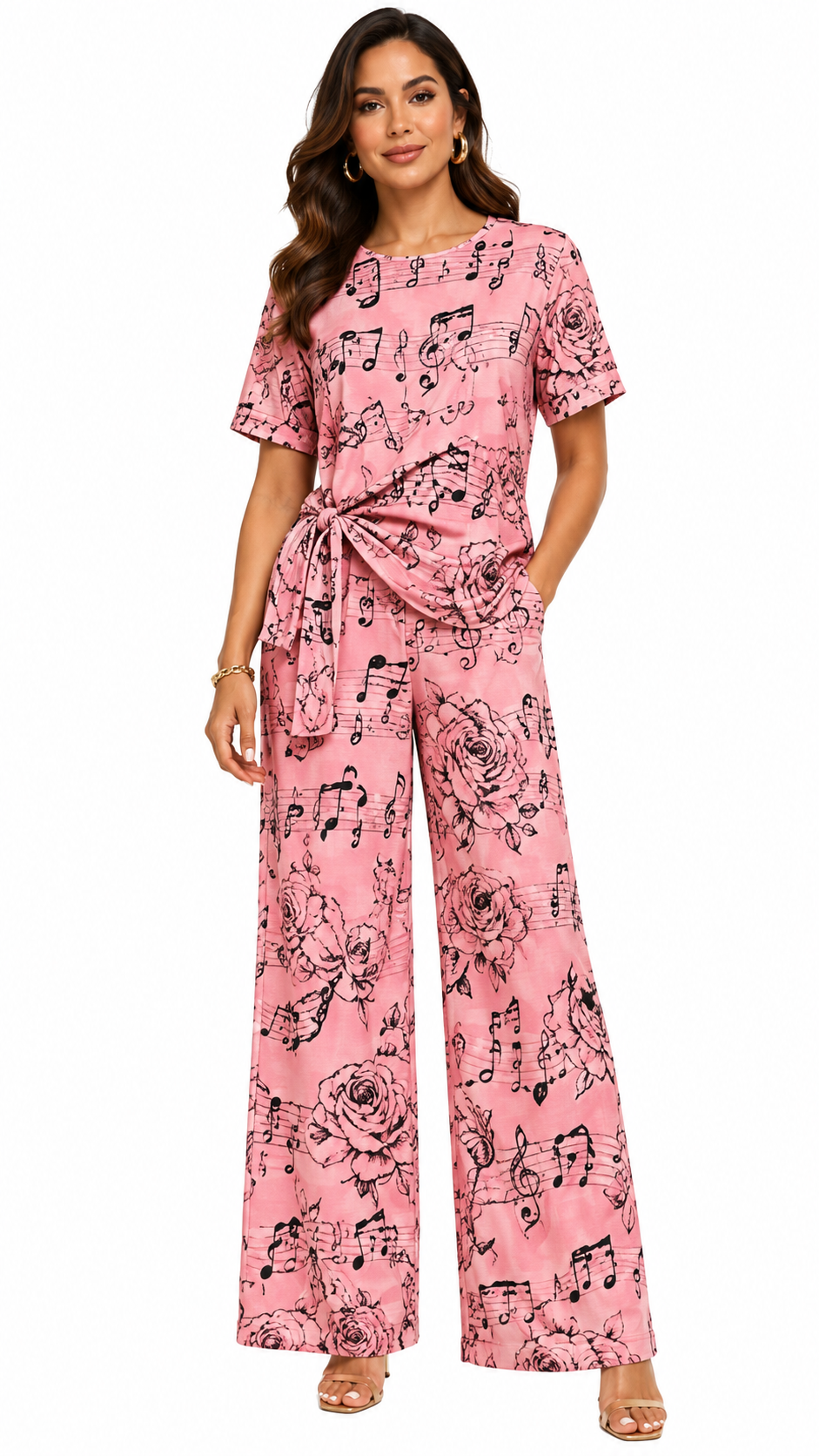Rich & Rich Women's Pink Music Roses Side-Tie Top & Wide-Leg Pants Set