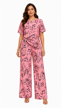 Rich & Rich Women's Pink Music Roses Side-Tie Top & Wide-Leg Pants Set