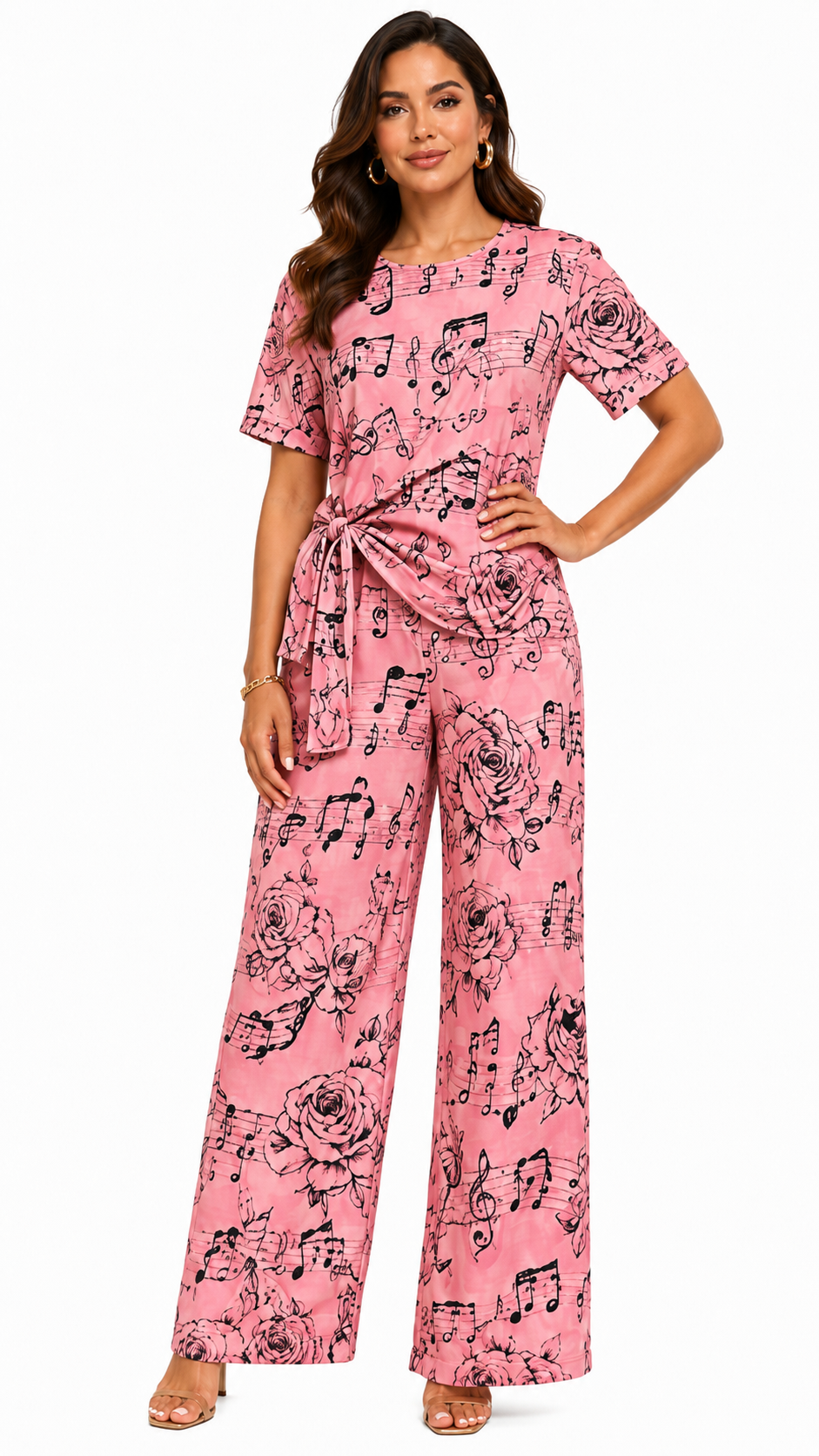 Rich & Rich Women's Pink Music Roses Side-Tie Top & Wide-Leg Pants Set