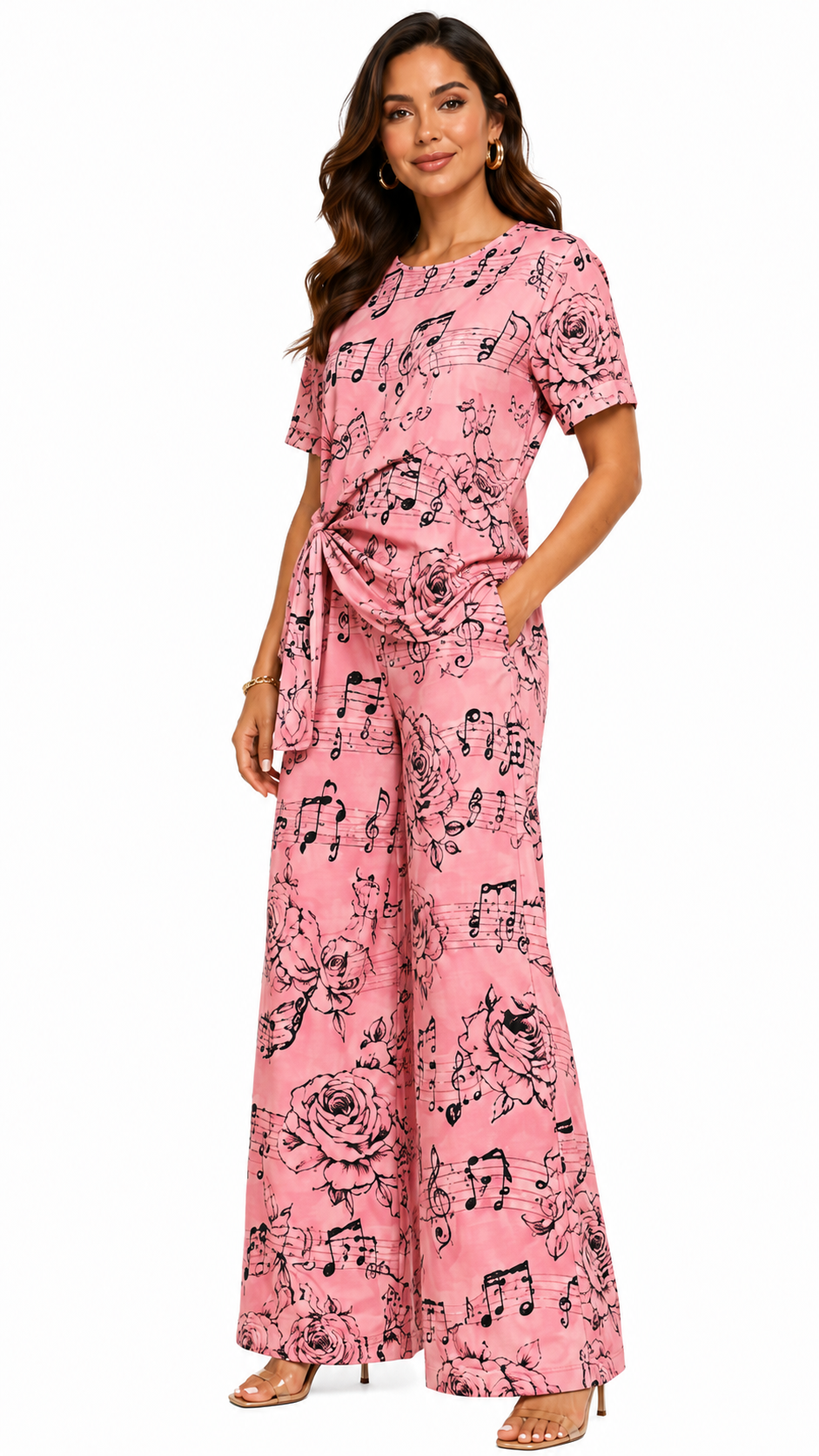 Rich & Rich Women's Pink Music Roses Side-Tie Top & Wide-Leg Pants Set