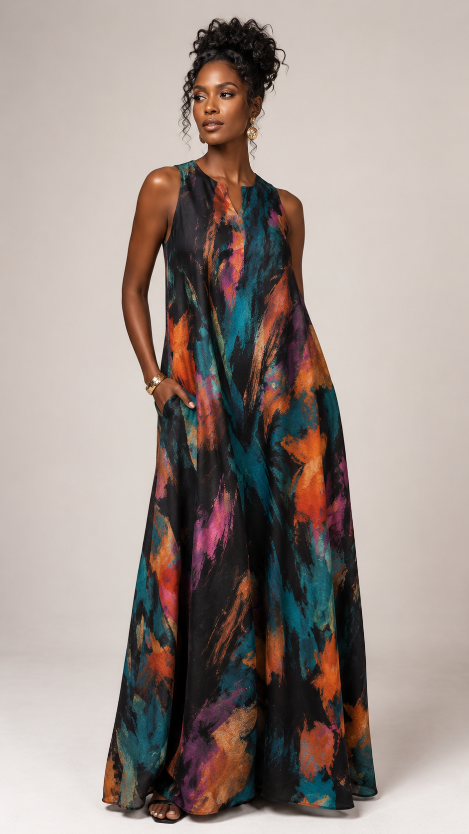 Rich & Rich Women's Midnight Ember Abstract Sleeveless Maxi Dress with Pockets