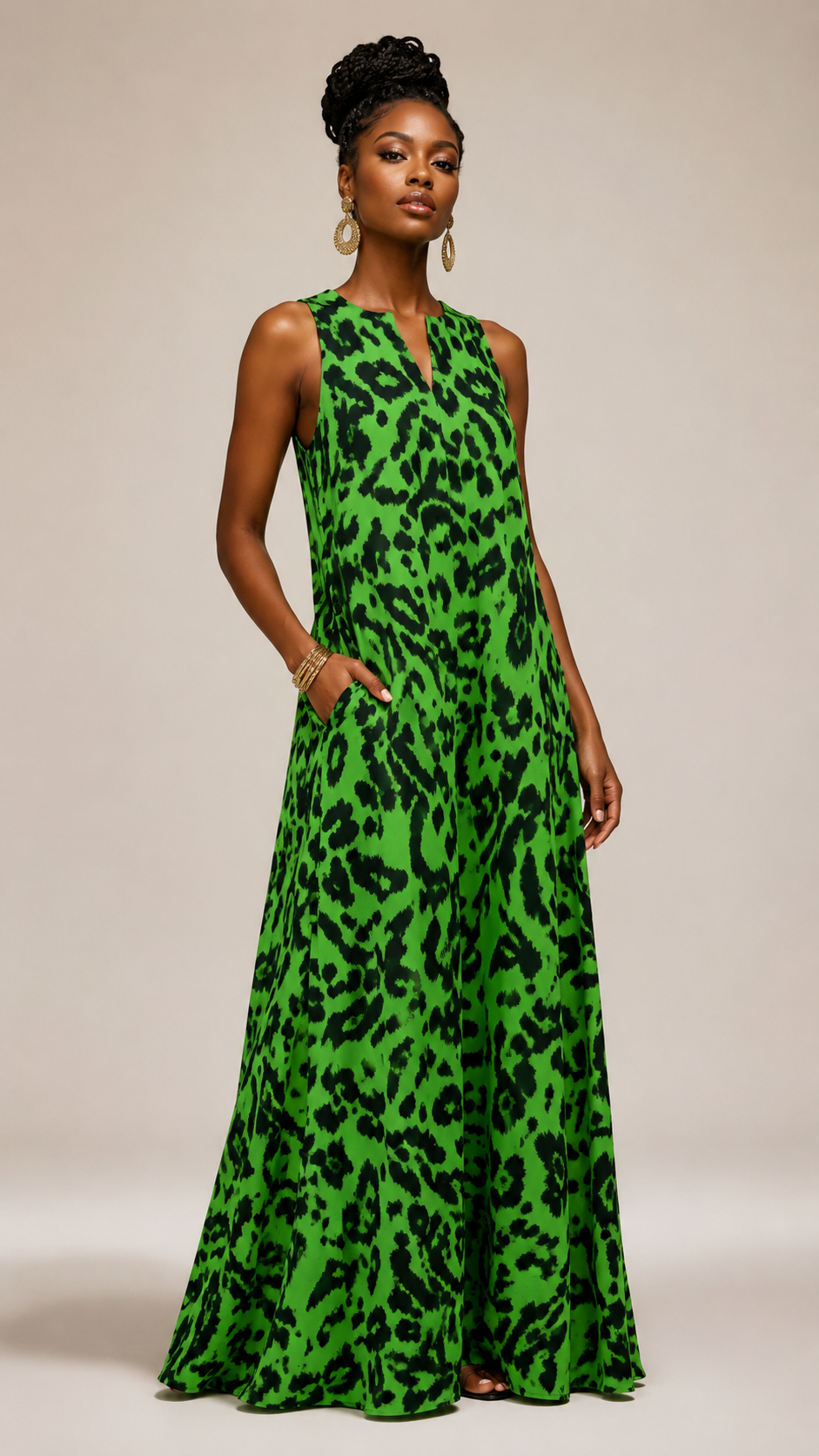 Rich & Rich Emerald Leopard Statement Sleeveless Maxi Dress with Pockets Sleeveless Long Dress (GQ)