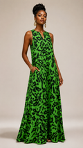 Rich & Rich Emerald Leopard Statement Sleeveless Maxi Dress with Pockets Sleeveless Long Dress (GQ)