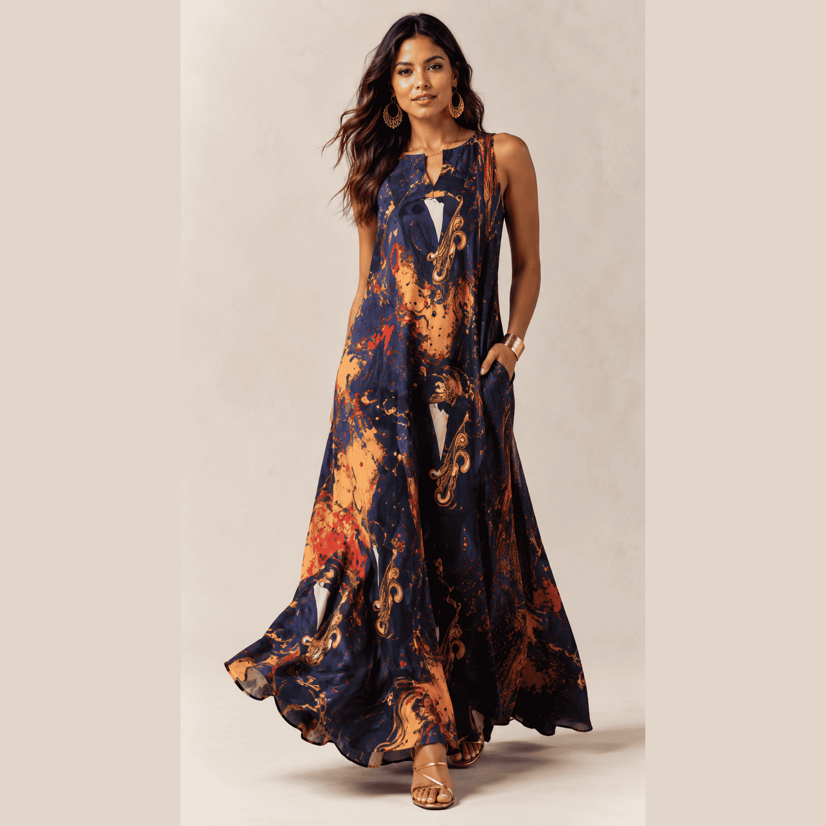 Sleeveless ankle-length saxophone print maxi dress with small V-neck and side pockets