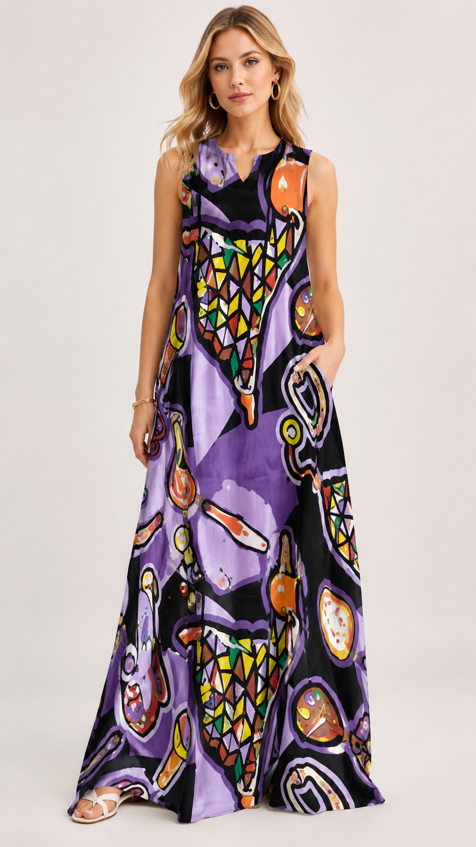 Rich & Rich Purple Mosaic Expression Sleeveless Maxi Dress with Pockets
