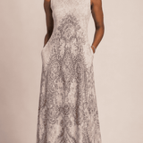 Sleeveless ankle-length blush baroque print maxi dress with V-neck and side pockets
