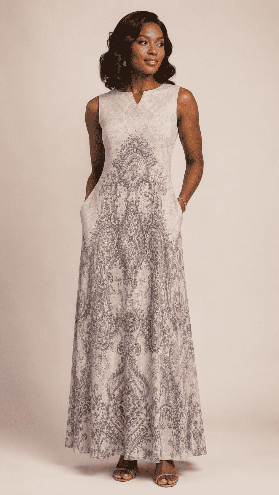 Sleeveless ankle-length blush baroque print maxi dress with V-neck and side pockets