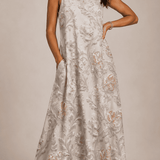 Sleeveless ankle-length champagne garden embossed maxi dress with V-neck and side pockets
