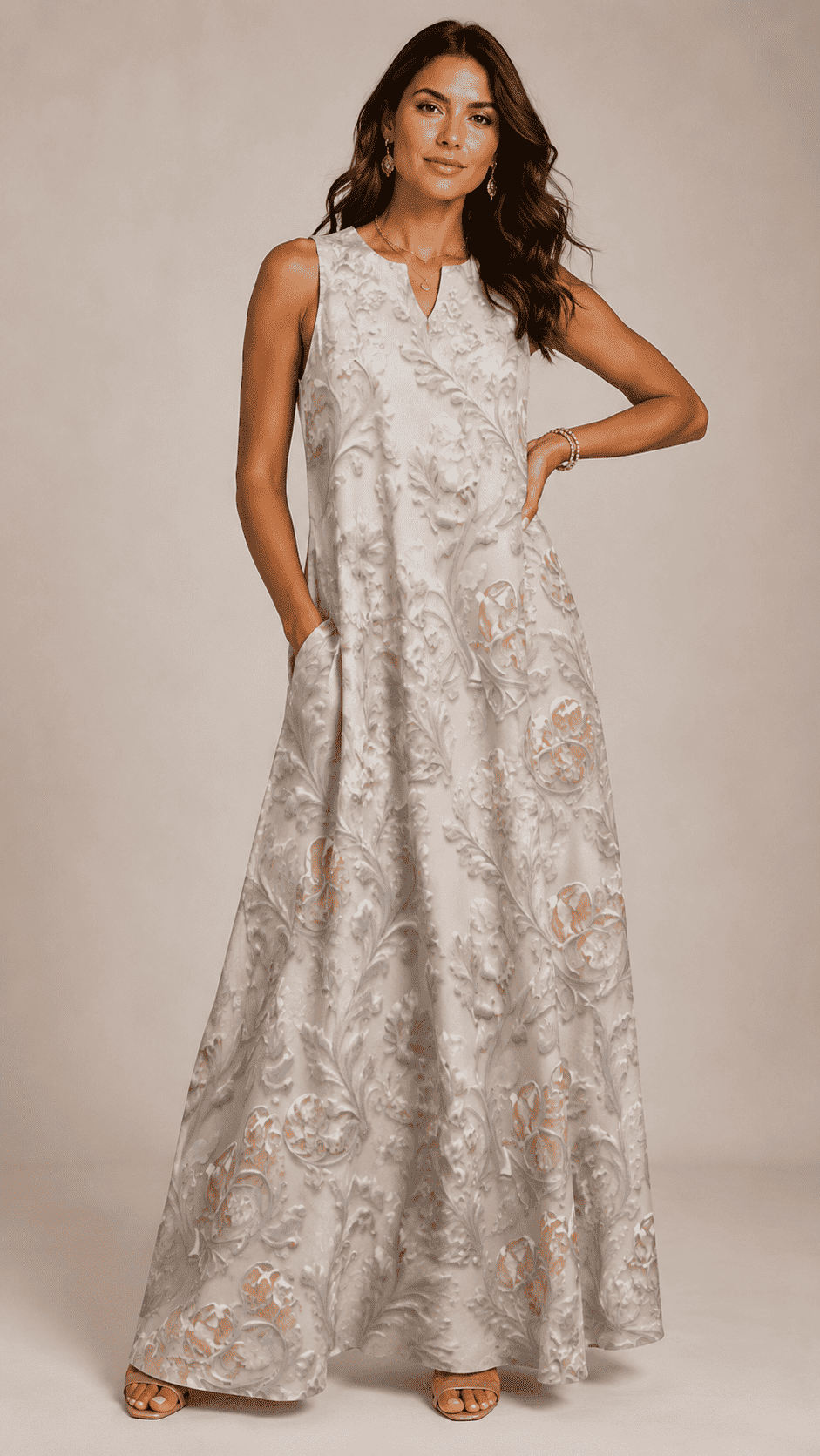 Sleeveless ankle-length champagne garden embossed maxi dress with V-neck and side pockets