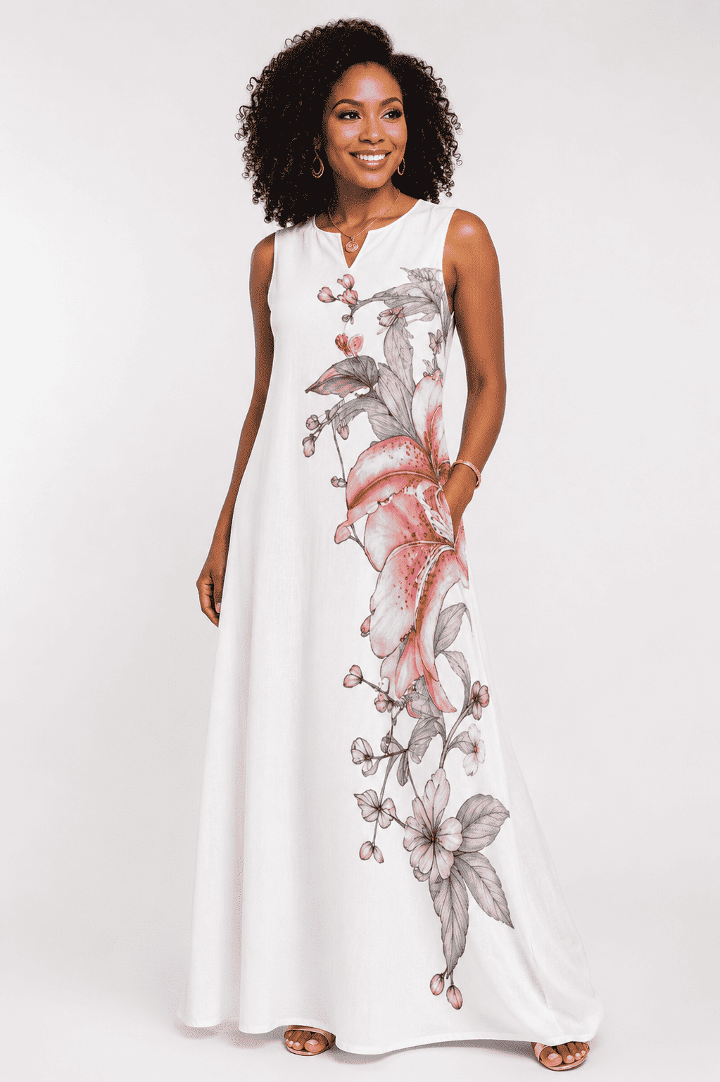 Pink Lily sleeveless ankle-length maxi dress with small V-neck, side pockets, and empire waist