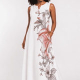 Pink Lily sleeveless ankle-length maxi dress with small V-neck, side pockets, and empire waist