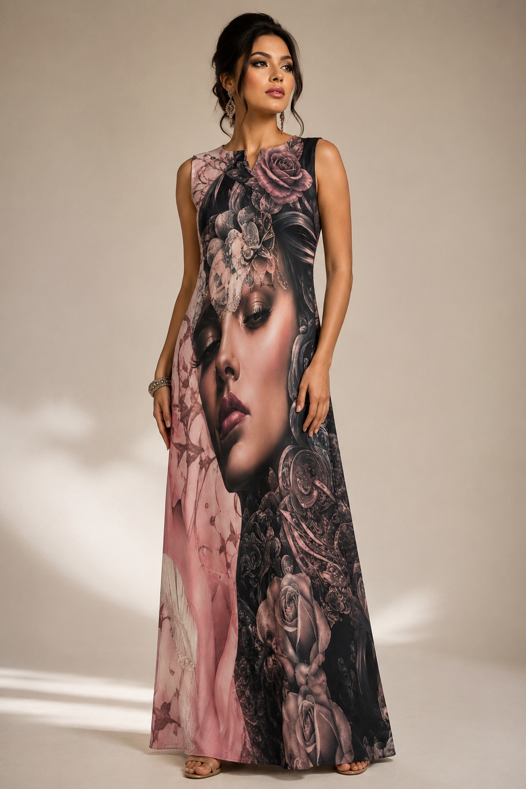 Rich & Rich Women's Rose Goddess Portrait Sleeveless Maxi Dress with Pockets